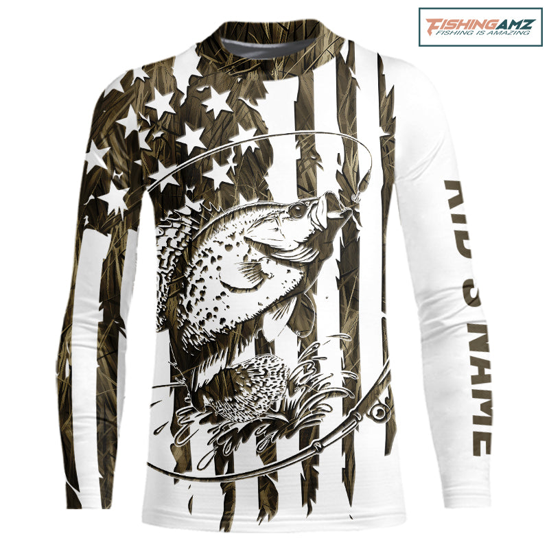 Custom Patrotic Crappie Kid Long Sleeve Camo Fishing Shirts, Crappie US Fishing Shirt IPHW9147