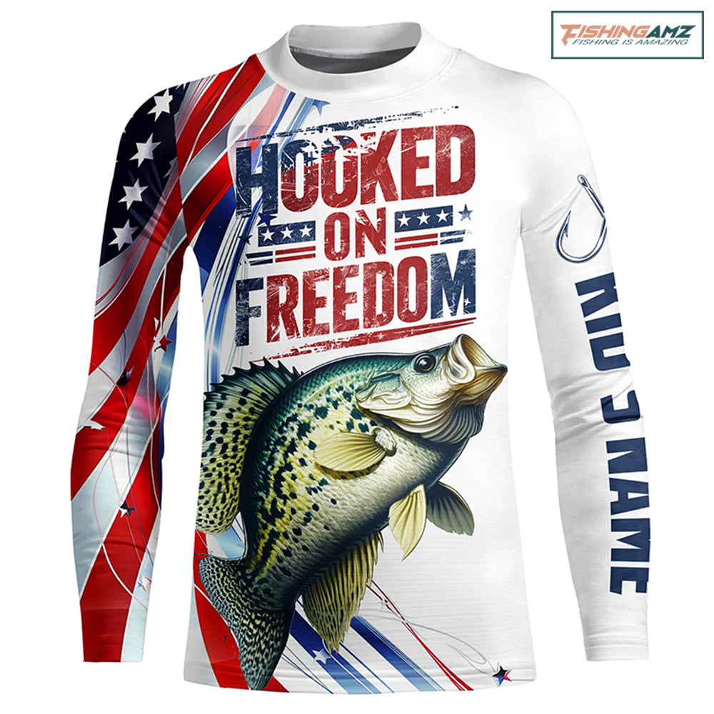 Youth American Flag Crappie Fishing Custom Kid Long Sleeve Fishing Shirts, Patriotic Crappie Fishing Jerseys IPHW6808