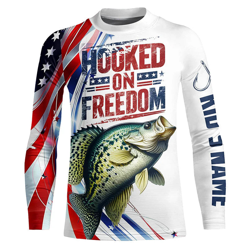 Youth American Flag Crappie Fishing Custom Kid Long Sleeve Fishing Shirts, Patriotic Crappie Fishing Jerseys IPHW6808