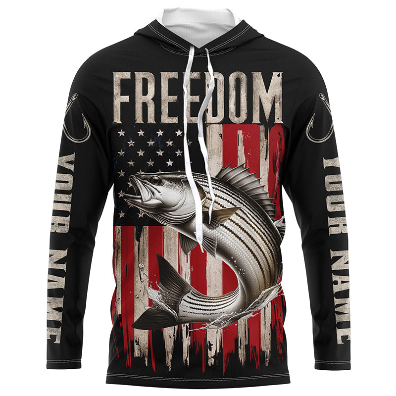 Personalized Patriotic Striped Bass Long Sleeve Fishing Shirts, American Flag Fishing Shirts IPHW6811