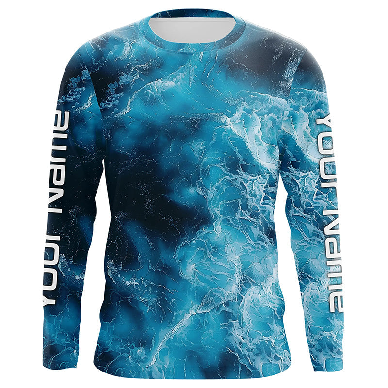 Blue Sea Waves Ocean Camo Long Sleeve Uv Protection Fishing Shirts, Personalized Fishing Jersey IPHW7192