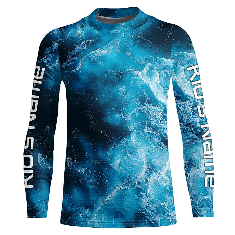 Blue Sea Waves Ocean Camo Long Sleeve Uv Protection Fishing Shirts, Personalized Fishing Jersey IPHW7192