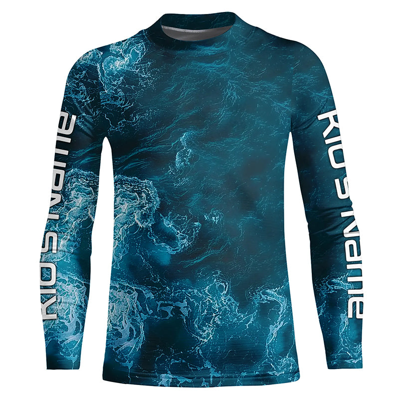 Blue Sea Waves Ocean Camo Long Sleeve Uv Protection Fishing Shirts, Personalized Fishing Jersey IPHW7193