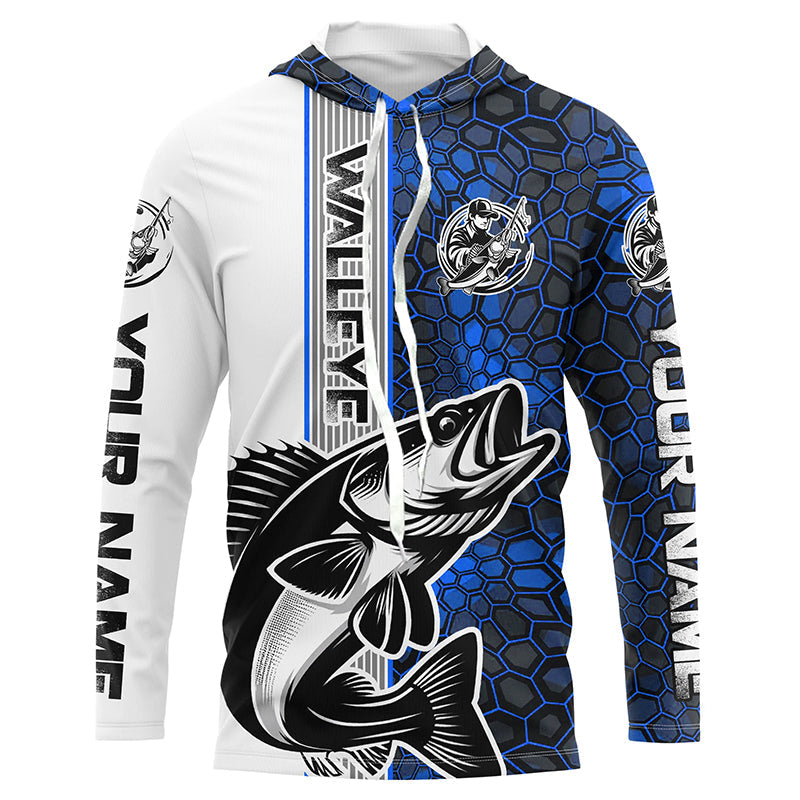 Walleye Fishing Custom Long Sleeve Tournament Shirts, Walleye Fishing Jerseys | Water Blue Camo IPHW6639