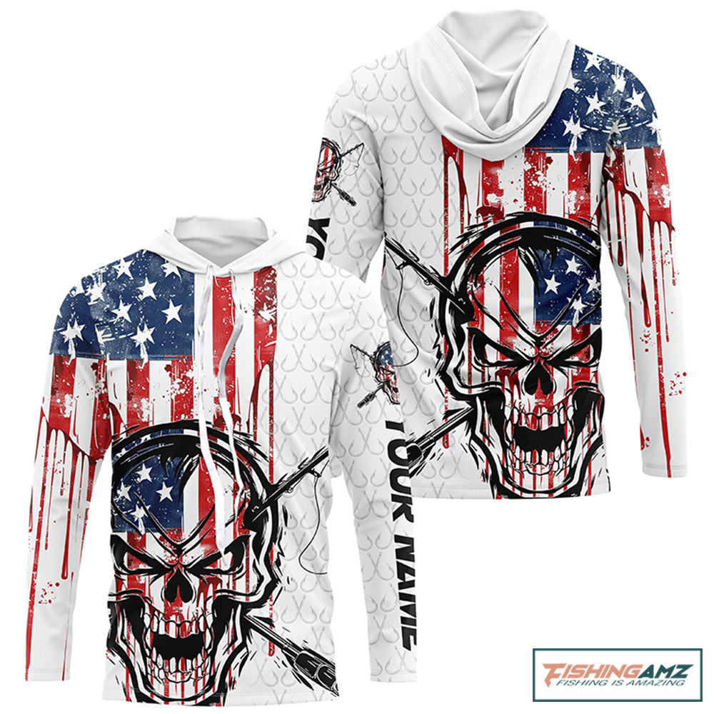 American Flag Fishing Skull Custom Long Sleeve Fishing Shirts, Patriotic Fishing Jerseys IPHW6996