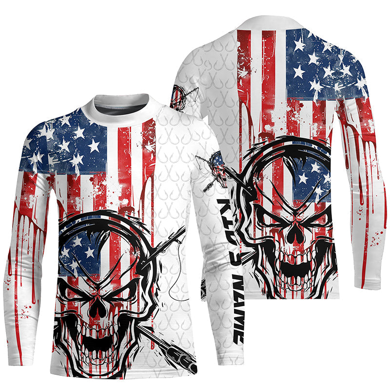 American Flag Fishing Skull Custom Long Sleeve Fishing Shirts, Patriotic Fishing Jerseys IPHW6996