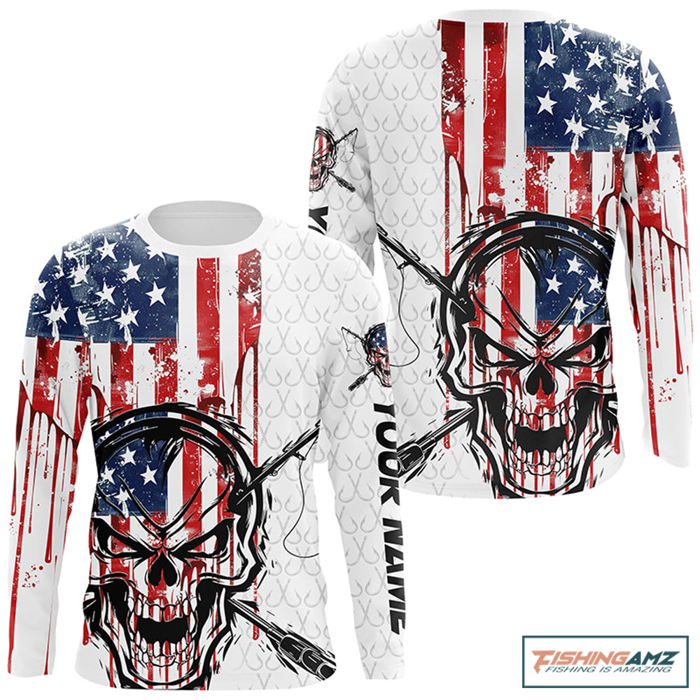 American Flag Fishing Skull Custom Long Sleeve Fishing Shirts, Patriotic Fishing Jerseys IPHW6996