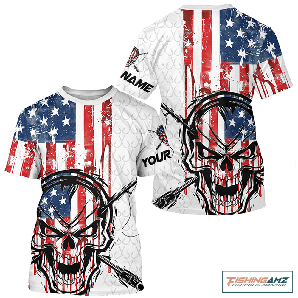 American Flag Fishing Skull Custom Long Sleeve Fishing Shirts, Patriotic Fishing Jerseys IPHW6996