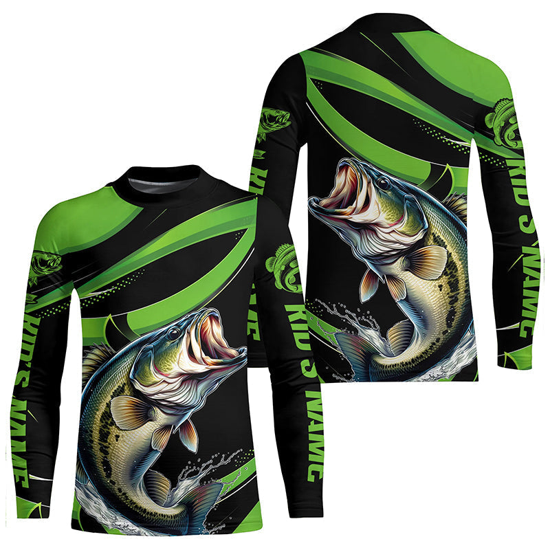 Black And Green Custom Bass Fishing Jerseys, Largemouth Bass Long Sleeve Tournament Fishing Shirts IPHW6999