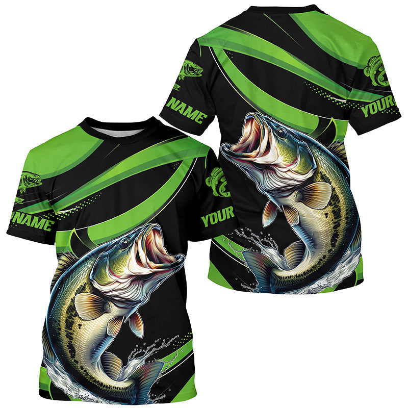 Black And Green Custom Bass Fishing Jerseys, Largemouth Bass Long Sleeve Tournament Fishing Shirts IPHW6999