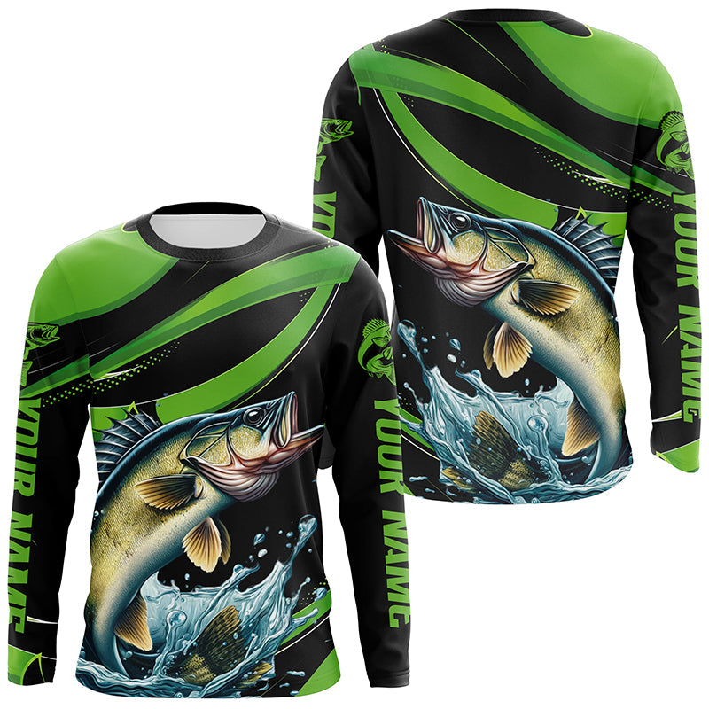 Black And Green Custom Walleye Fishing Jerseys, Walleye Long Sleeve Tournament Fishing Shirts IPHW7001