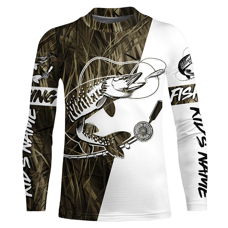 Musky Fishing Tattoo Grass Camo Custom Long Sleeve Tournament Shirts, Muskie Fishing Jerseys IPHW6129