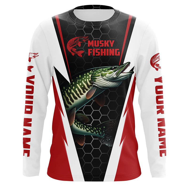 Personalized Musky Fishing Long Sleeve Tournament Fishing Shirts, Musky Fishing Jerseys |Red IPHW6141