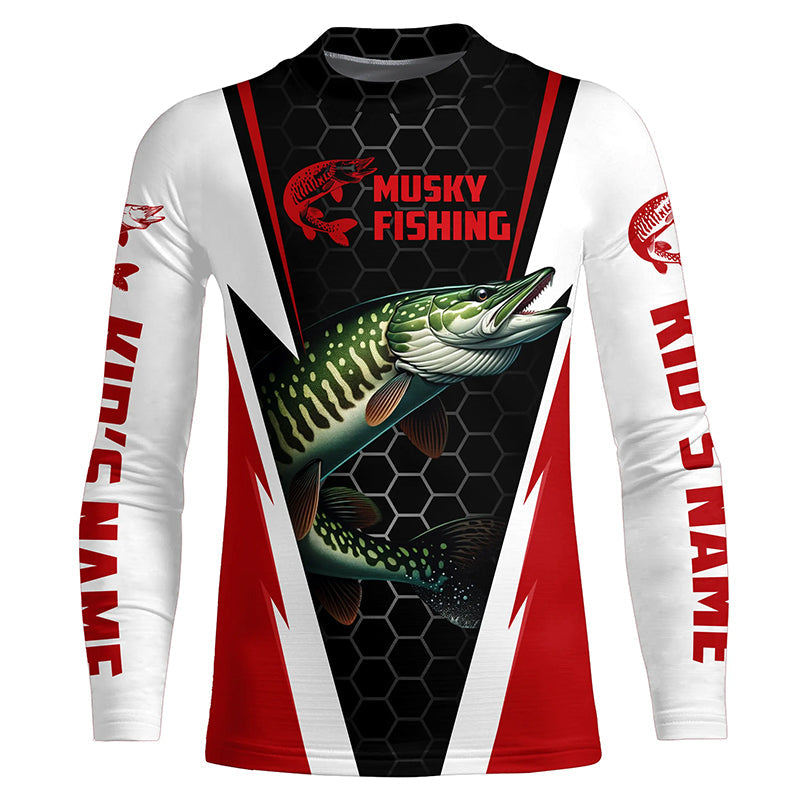 Personalized Musky Fishing Long Sleeve Tournament Fishing Shirts, Musky Fishing Jerseys |Red IPHW6141