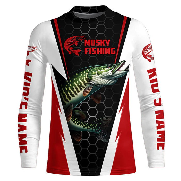 Personalized Musky Fishing Kid Long Sleeve Tournament Fishing Shirts, Musky Fishing Jerseys |Red IPHW6141