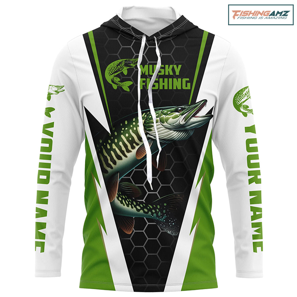 Personalized Musky Fishing Long Sleeve Tournament Fishing Shirts, Musky Fishing Jerseys |Green IPHW6142