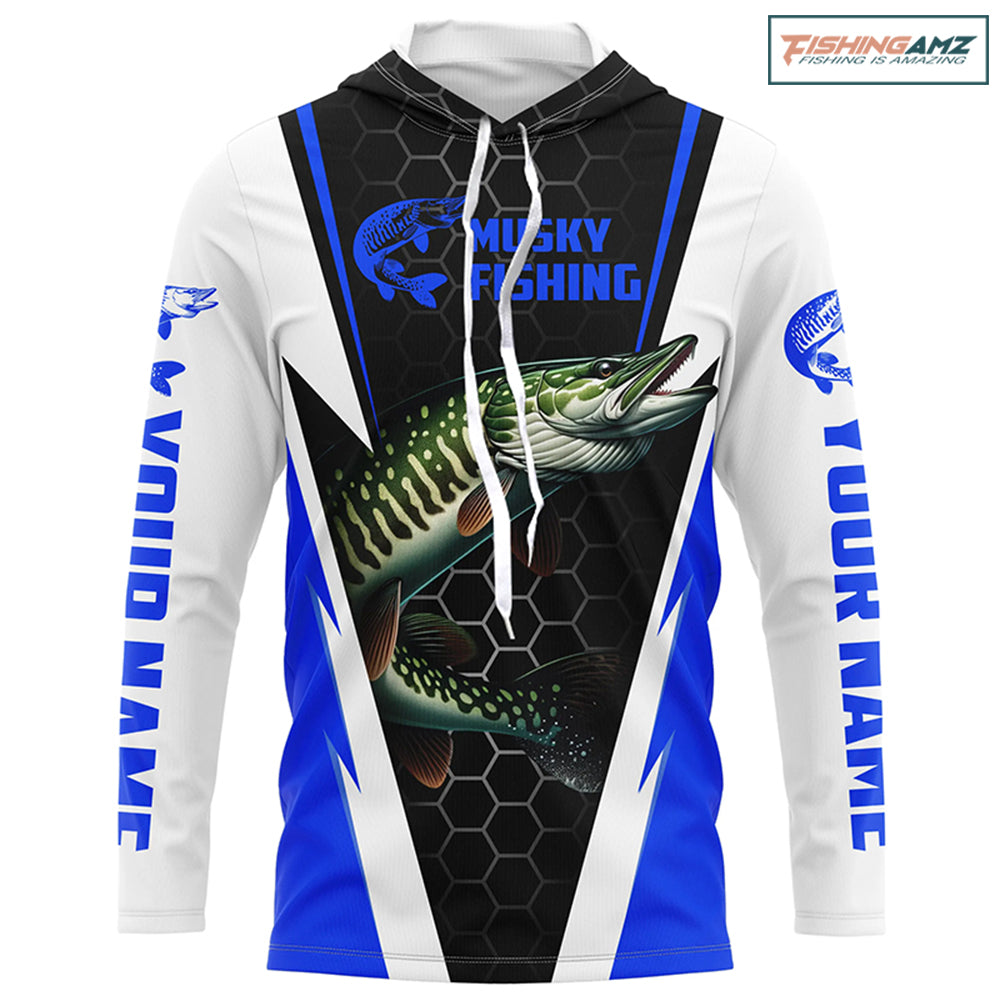 Personalized Musky Fishing Long Sleeve Tournament Fishing Shirts, Musky Fishing Jerseys |Blue IPHW6143