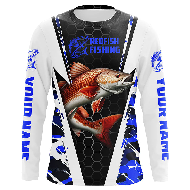 Custom Redfish Fishing Jerseys, Redfish Fishing Long Sleeve Fishing Tournament Shirts | Blue Camo IPHW6504