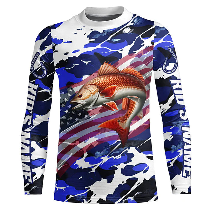 Redfish Fishing American Flag Blue Camo Custom Kid Long Sleeve Shirts, Redfish Saltwater Fishing Shirts IPHW6508