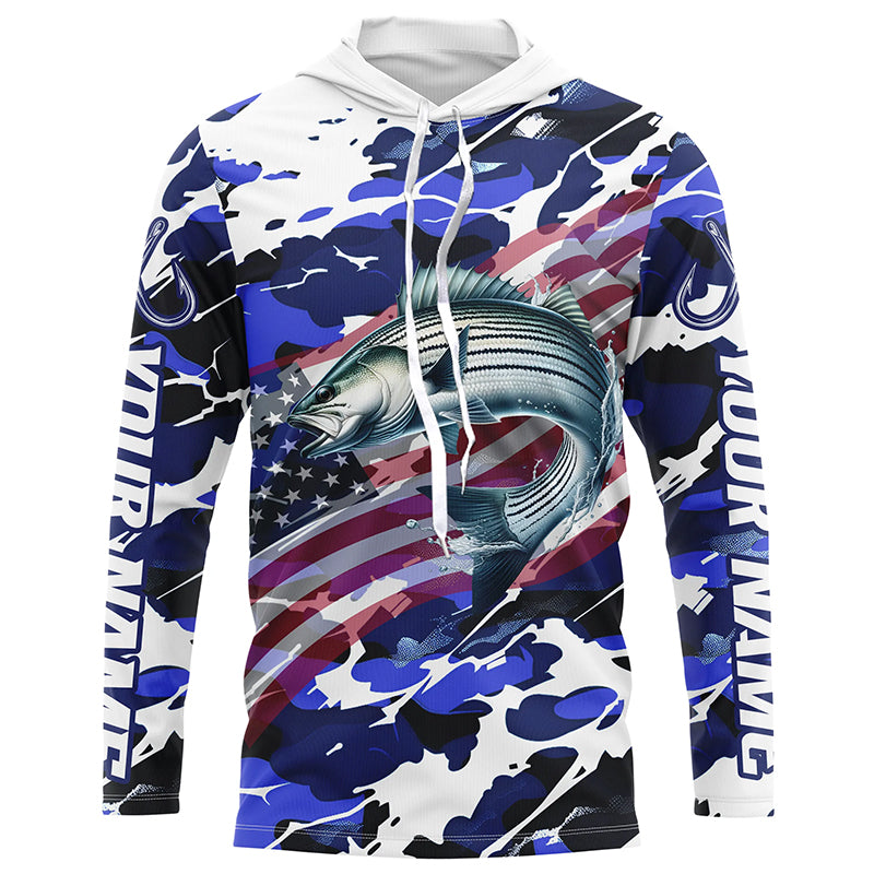 Striped Bass Fishing American Flag Camo Custom Long Sleeve Shirts, Striper Saltwater Fishing Shirts IPHW6509