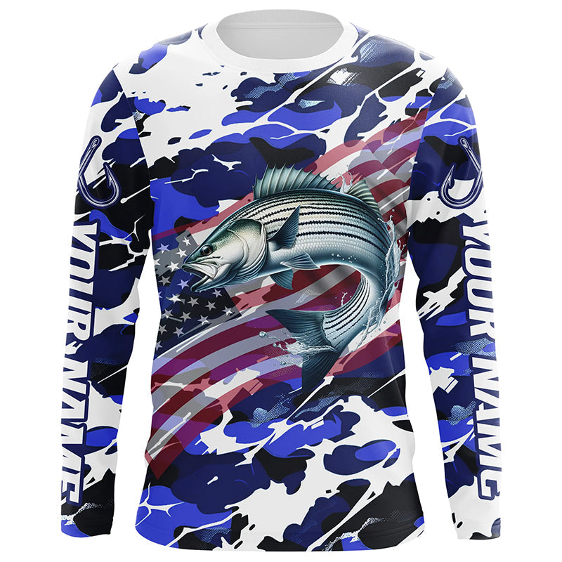 Striped Bass Fishing American Flag Camo Custom Long Sleeve Shirts, Striper Saltwater Fishing Shirts IPHW6509