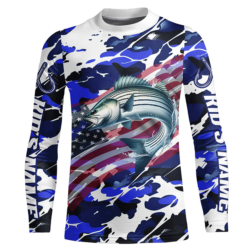 Striped Bass Fishing American Flag Camo Custom Long Sleeve Shirts, Striper Saltwater Fishing Shirts IPHW6509