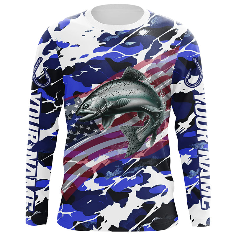 Chinook Salmon Fishing American Flag Camo Custom Long Sleeve Shirts, Salmon Saltwater Fishing Shirts IPHW6510