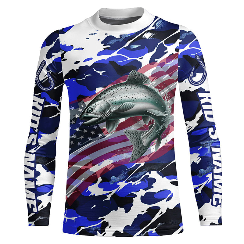 Chinook Salmon Fishing American Flag Camo Custom Long Sleeve Shirts, Salmon Saltwater Fishing Shirts IPHW6510