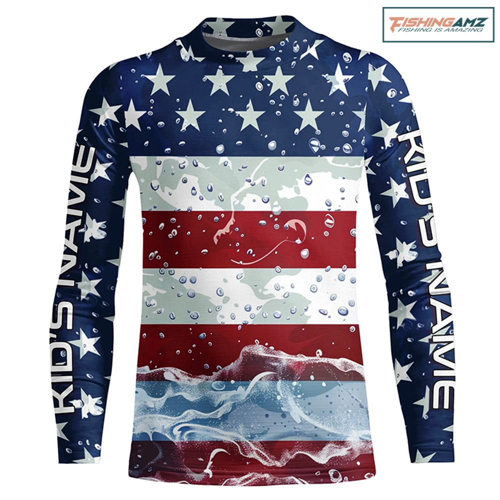 Youth American Flag Custom Kid Long Sleeve Uv Protection Fishing Shirts, Patriotic Fishing Jersey IPHW6850