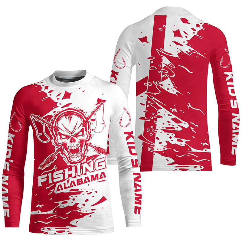 Alabama Fishing Custom Long Sleeve Fishing Shirts, Alabama Flag Skull Fishing Jerseys IPHW7002