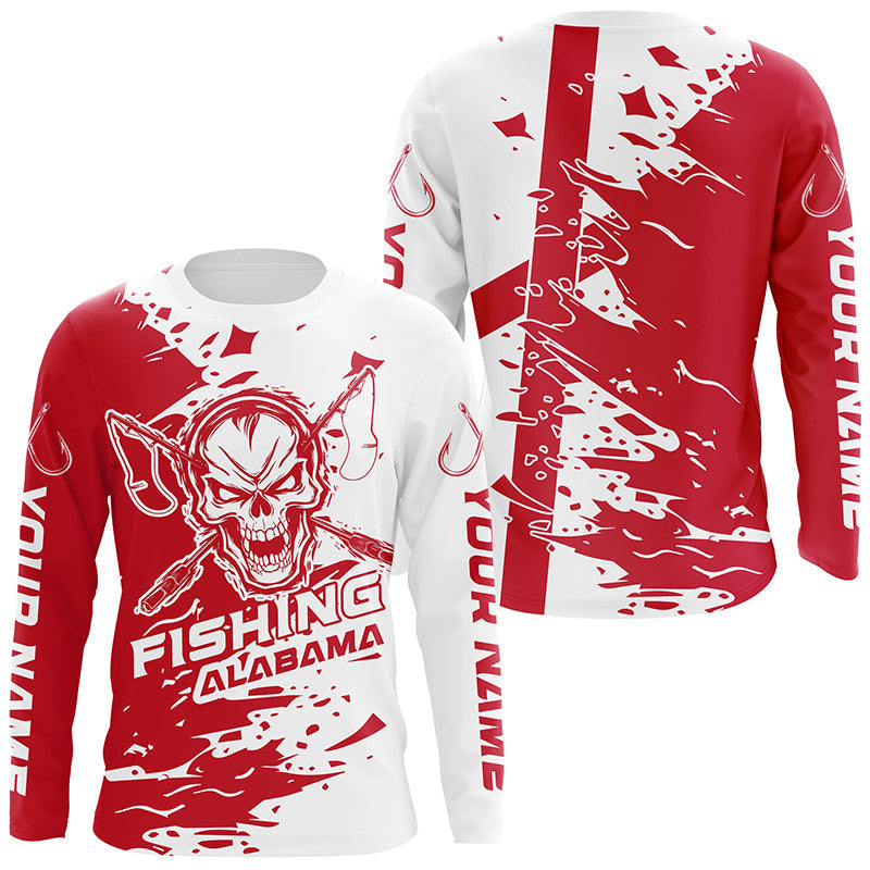 Alabama Fishing Custom Long Sleeve Fishing Shirts, Alabama Flag Skull Fishing Jerseys IPHW7002