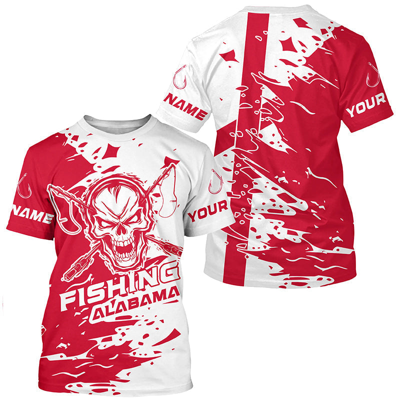 Alabama Fishing Custom Long Sleeve Fishing Shirts, Alabama Flag Skull Fishing Jerseys IPHW7002