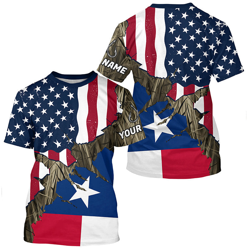 American Texas Flag Custom Long Sleeve Fishing Shirts, Patriotic Camouflage Fishing Shirts IPHW7005