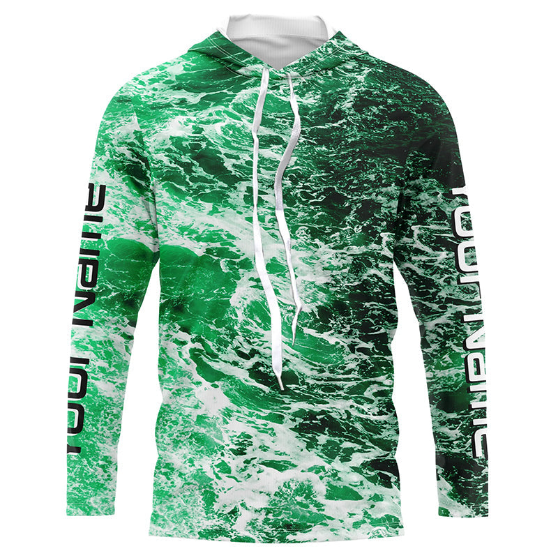 Custom Saltwater Long Sleeve Fishing Shirts Uv Protection, Sea Wave Camo Fishing Shirts | Green IPHW5026