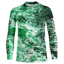 Load image into Gallery viewer, Custom Saltwater Long Sleeve Fishing Shirts Uv Protection, Sea Wave Camo Fishing Shirts | Green IPHW5026
