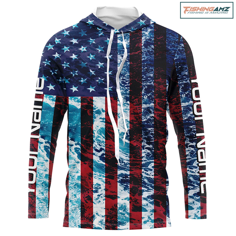 Custom Saltwater Long Sleeve Uv Fishing Shirts, American Flag Sea Wave Camo Fishing Shirts IPHW5028