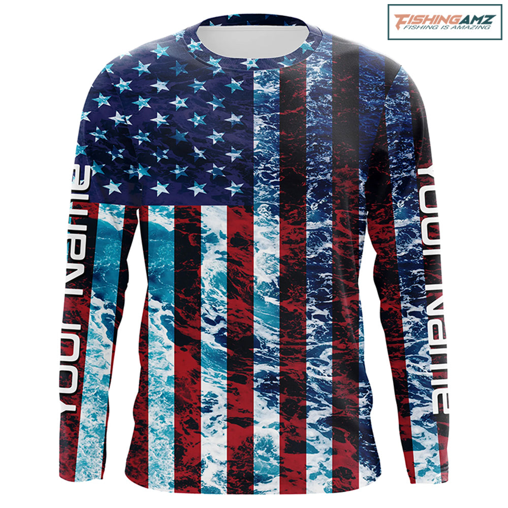 Custom Saltwater Long Sleeve Uv Fishing Shirts, American Flag Sea Wave Camo Fishing Shirts IPHW5028