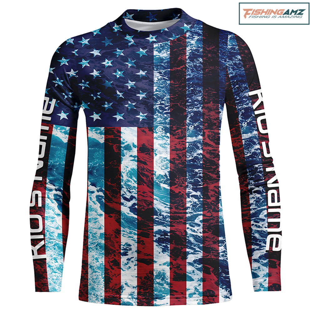 Custom Saltwater Long Sleeve Uv Fishing Shirts, American Flag Sea Wave Camo Fishing Shirts IPHW5028