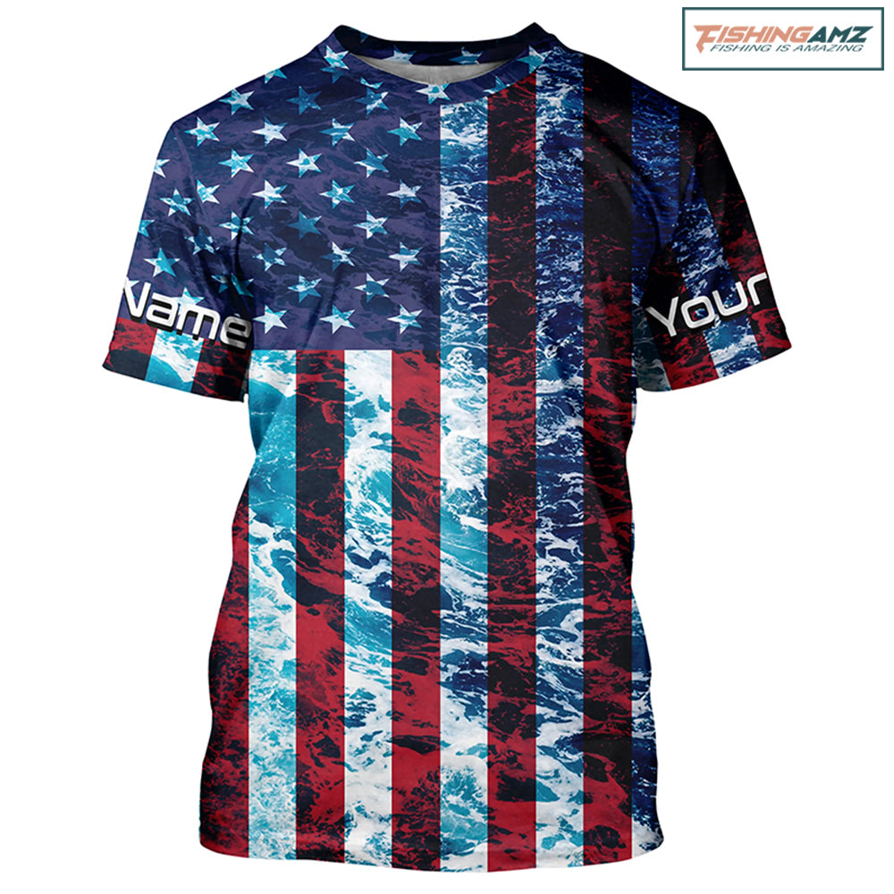 Custom Saltwater Long Sleeve Uv Fishing Shirts, American Flag Sea Wave Camo Fishing Shirts IPHW5028