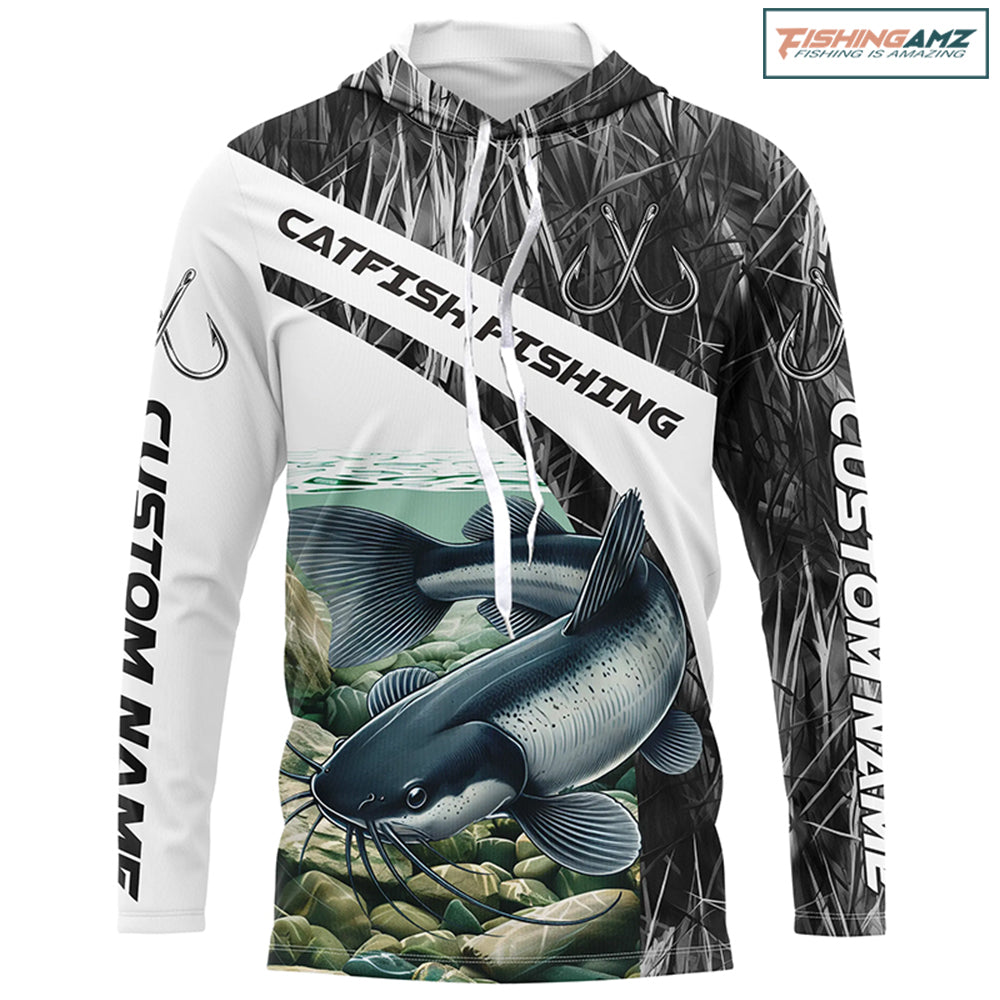 Gray Camo Custom Catfish Fishing Long Sleeve Fishing Shirts, Catfish Fishing Jerseys IPHW7016
