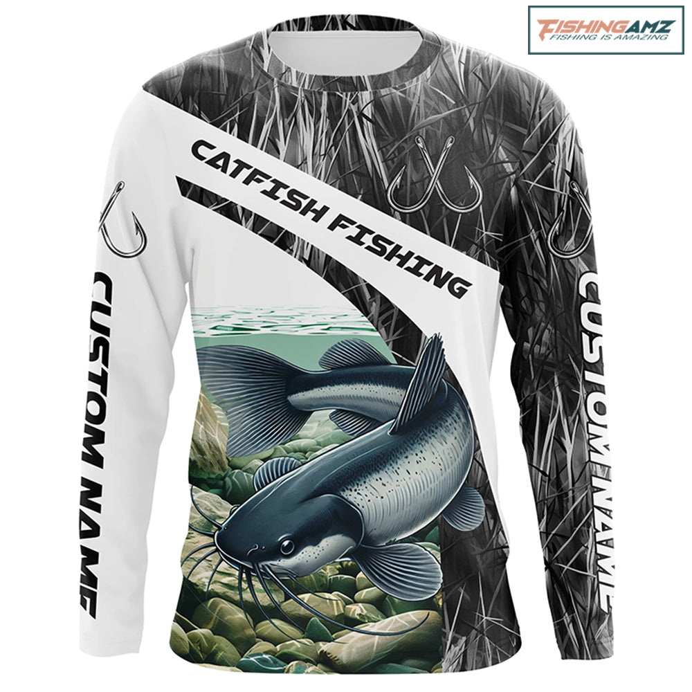 Gray Camo Custom Catfish Fishing Long Sleeve Fishing Shirts, Catfish Fishing Jerseys IPHW7016