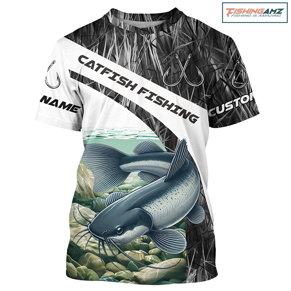 Gray Camo Custom Catfish Fishing Long Sleeve Fishing Shirts, Catfish Fishing Jerseys IPHW7016