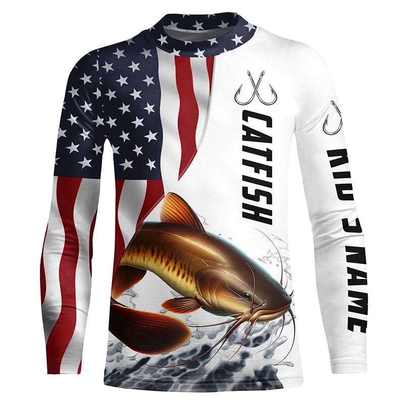 Catfish Fishing Custom Long Sleeve Fishing Shirts, American Flag Patriotic Catfish Fishing Shirt IPHW7017