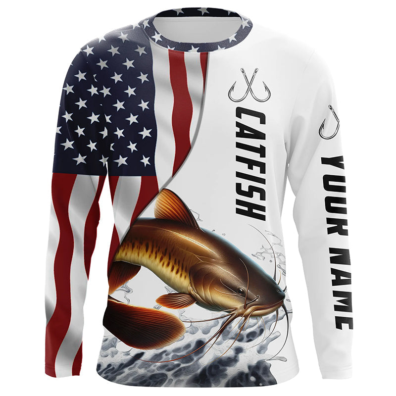 Catfish Fishing Custom Long Sleeve Fishing Shirts, American Flag Patriotic Catfish Fishing Shirt IPHW7017