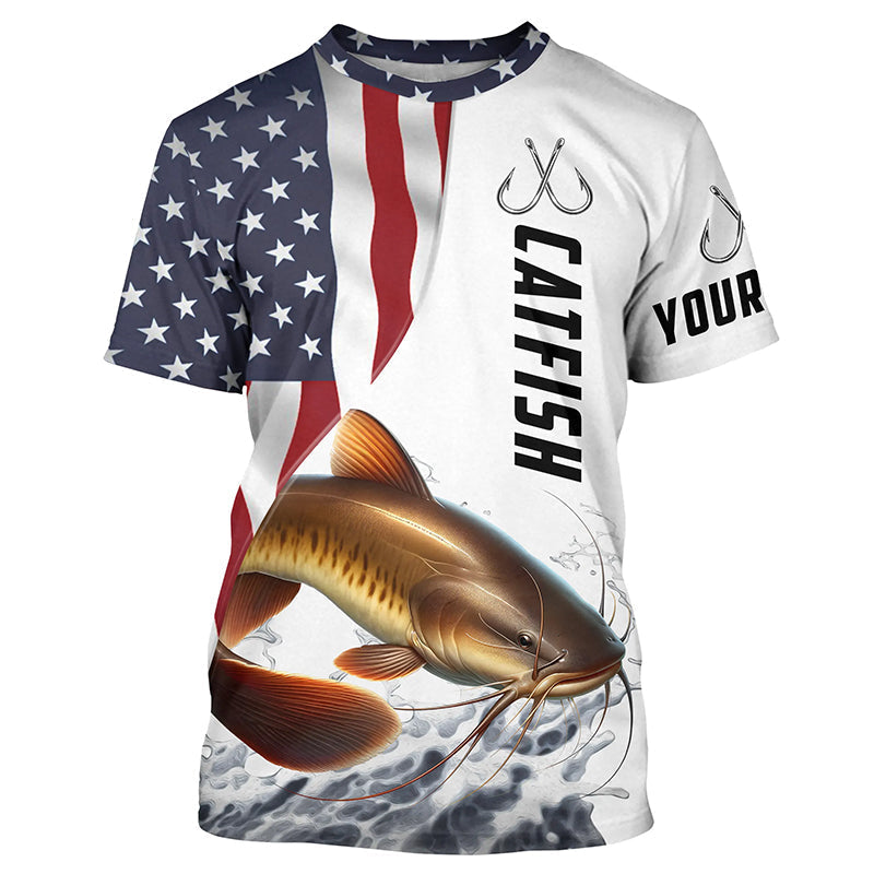 Catfish Fishing Custom Long Sleeve Fishing Shirts, American Flag Patriotic Catfish Fishing Shirt IPHW7017