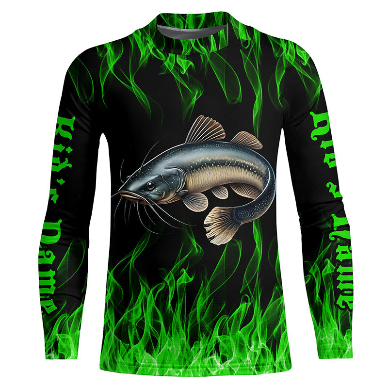 Catfish Fishing Custom Long Sleeve Fishing Shirts, Green Flame Catfish Fishing Tournament Shirt IPHW7018