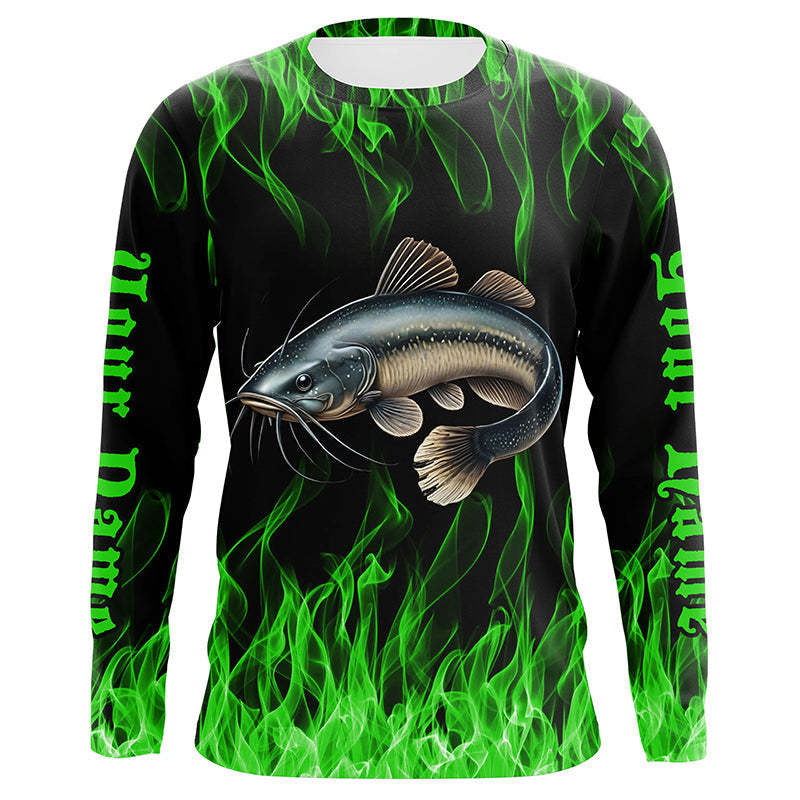 Catfish Fishing Custom Long Sleeve Fishing Shirts, Green Flame Catfish Fishing Tournament Shirt IPHW7018