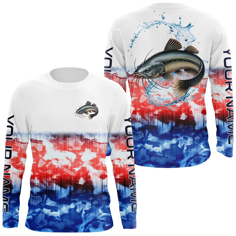 Red White And Blue Tie Dye Background Custom Patriotic Catfish Long Sleeve Fishing Shirts IPHW7019