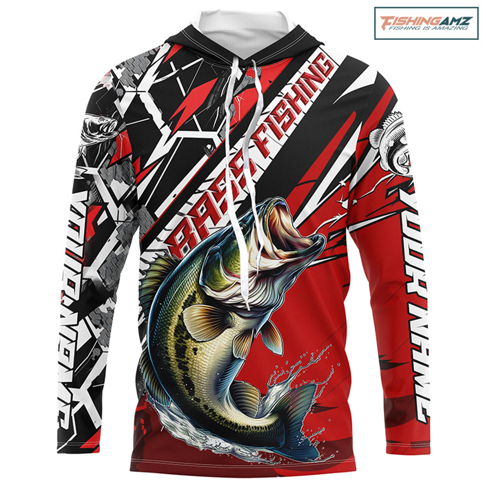 Black And Red Bass Long Sleeve Tournament Fishing Shirts, Custom Bass Fishing Jerseys IPHW6203