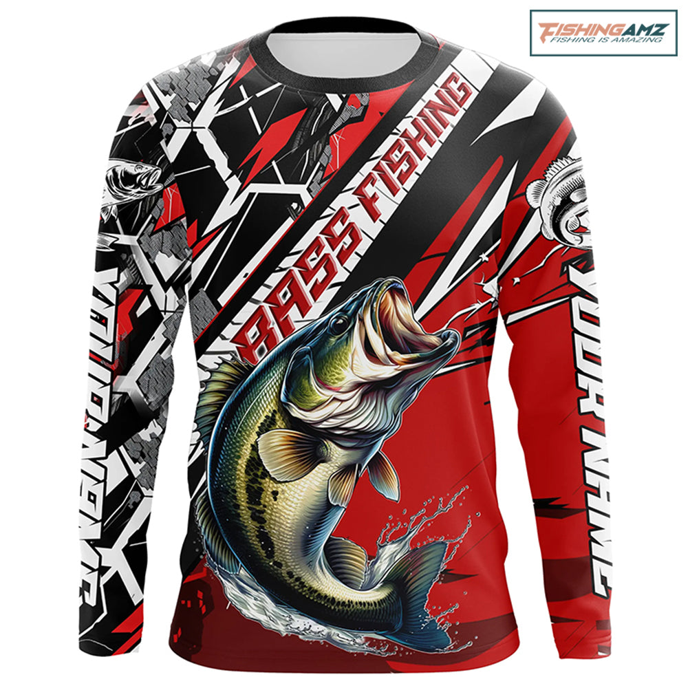 Black And Red Bass Long Sleeve Tournament Fishing Shirts, Custom Bass Fishing Jerseys IPHW6203